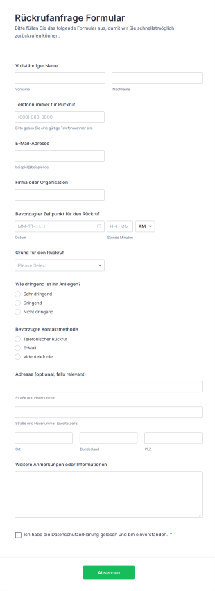 Rückrufanfrage Formular