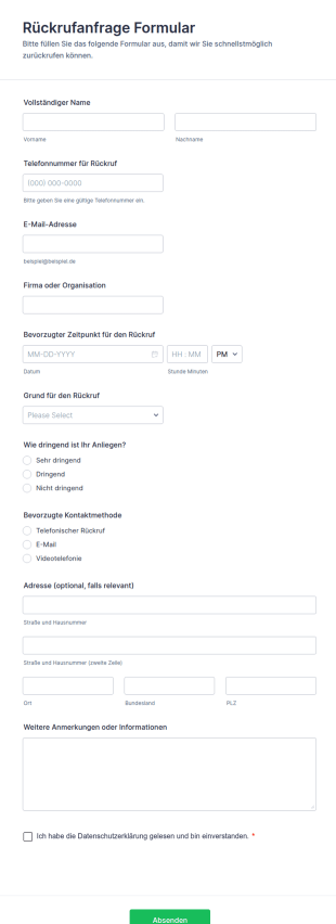 Rückrufanfrage Formular