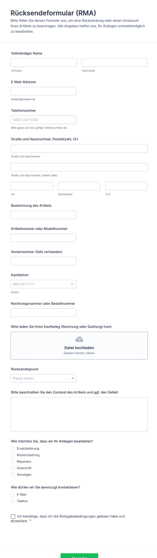 Rücksende Und Reparaturantragsformular