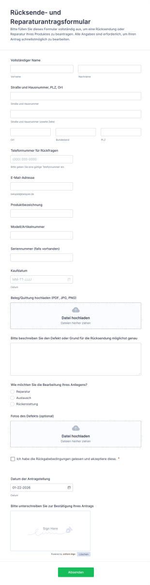 Rücksende Und Reparaturantragsformular