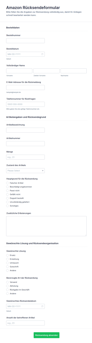 Rücksendeanfrage Formular