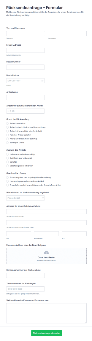 Rücksendungsgenehmigung Formular