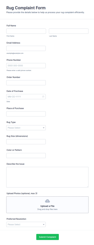 Rug Complaint Form Template