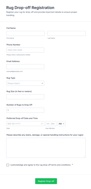 Rug Drop Off Registration Form Template