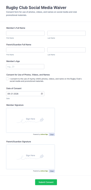 Rugby Club Social Media Waiver Form Template