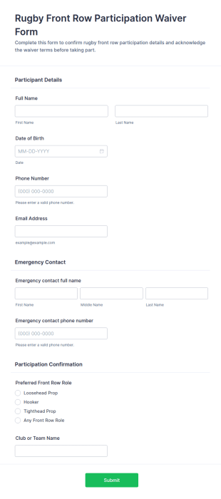 Rugby Front Row Participation Waiver Form Template