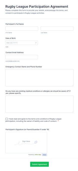 Rugby League Participation Agreement Form Template