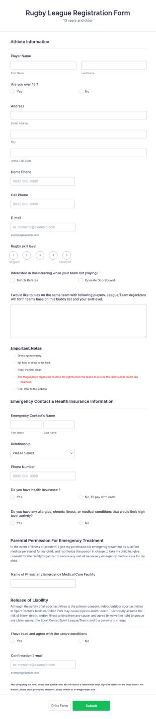 Rugby League Registration Form Template