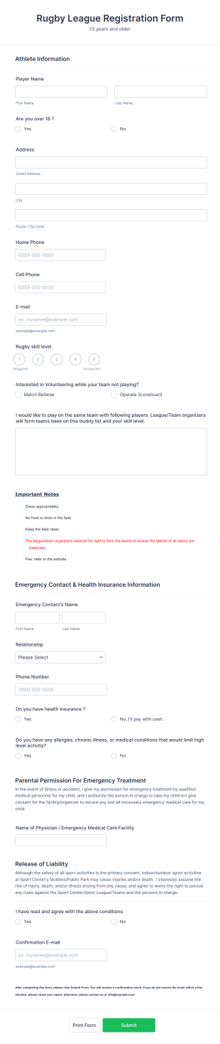 Rugby League Registration Form Template
