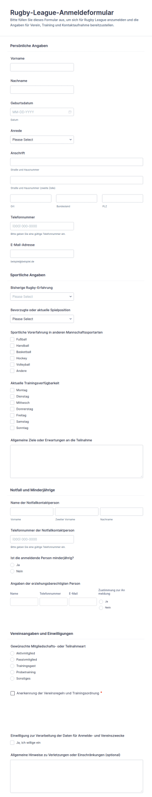 Rugby League Registrierungsformular