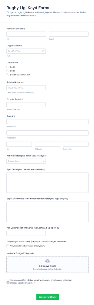 Rugby Ligi Kayıt Form Şablonu
