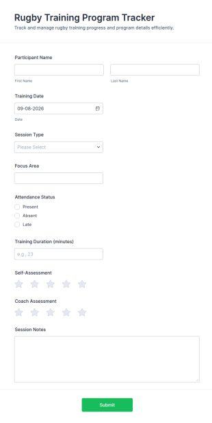 Rugby Training Program Tracker Form Template