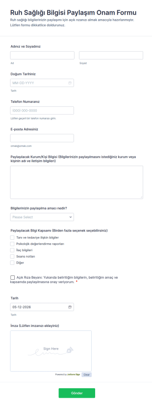 Ruh Sağlığı Bilgisi Paylaşım Onam Form Şablonu