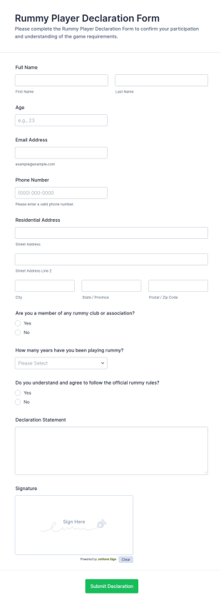 Rummy Player Declaration Form Template