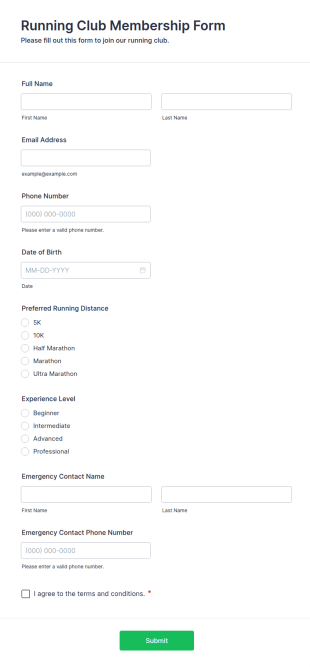 Running Club Membership Form Template