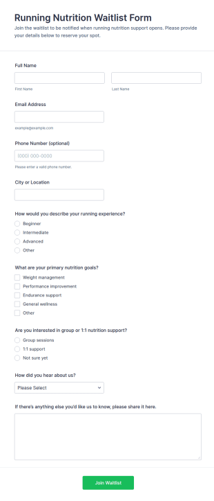 Running Nutrition Waitlist Form Template