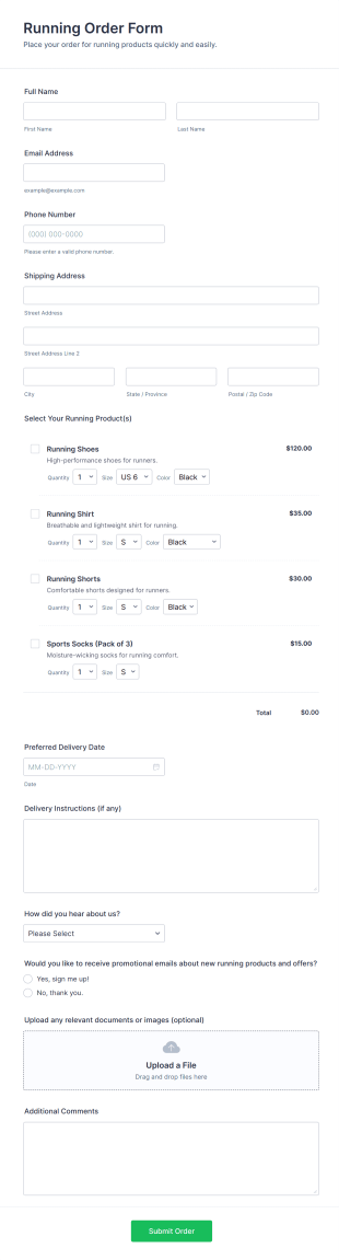 Running Order Form Template