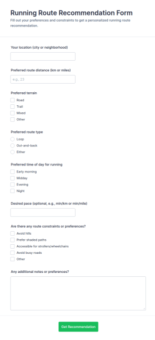 Running Route Recommendation Request Form Template