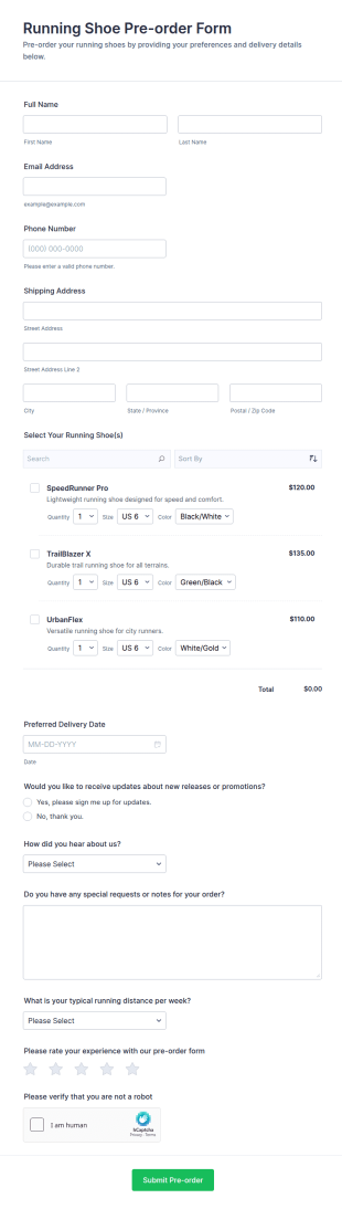 Running Shoe Pre Order Form Template