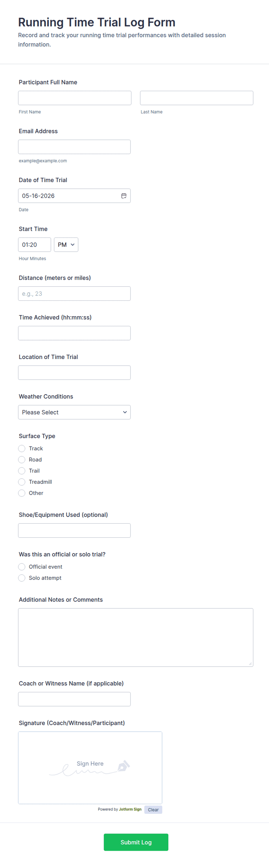 Running Time Trial Log Form Template | Jotform