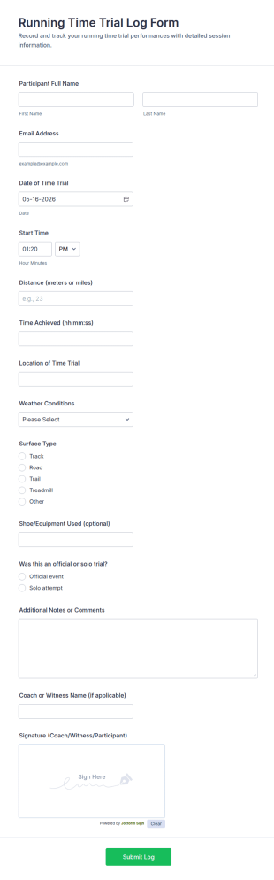 Running Time Trial Log Form Template