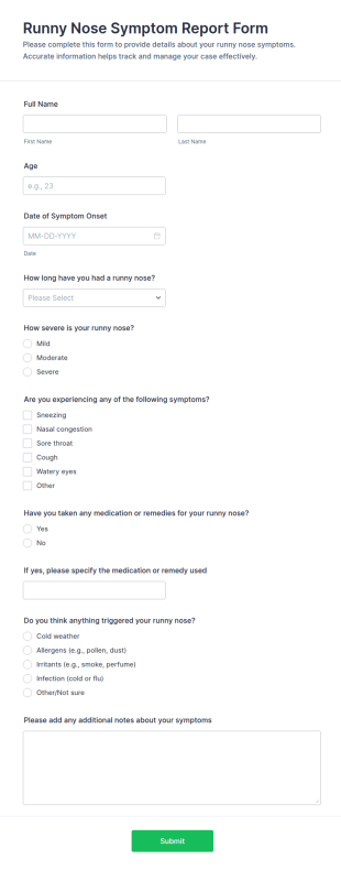 Runny Nose Symptom Report Form Template
