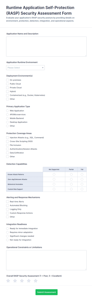 Runtime Application Self Protection (RASP) Security Assessment Form Template