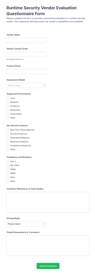 Runtime Security Vendor Evaluation Questionnaire Form Template
