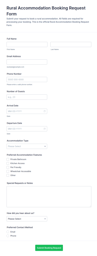 Rural Accommodation Booking Request Form Template