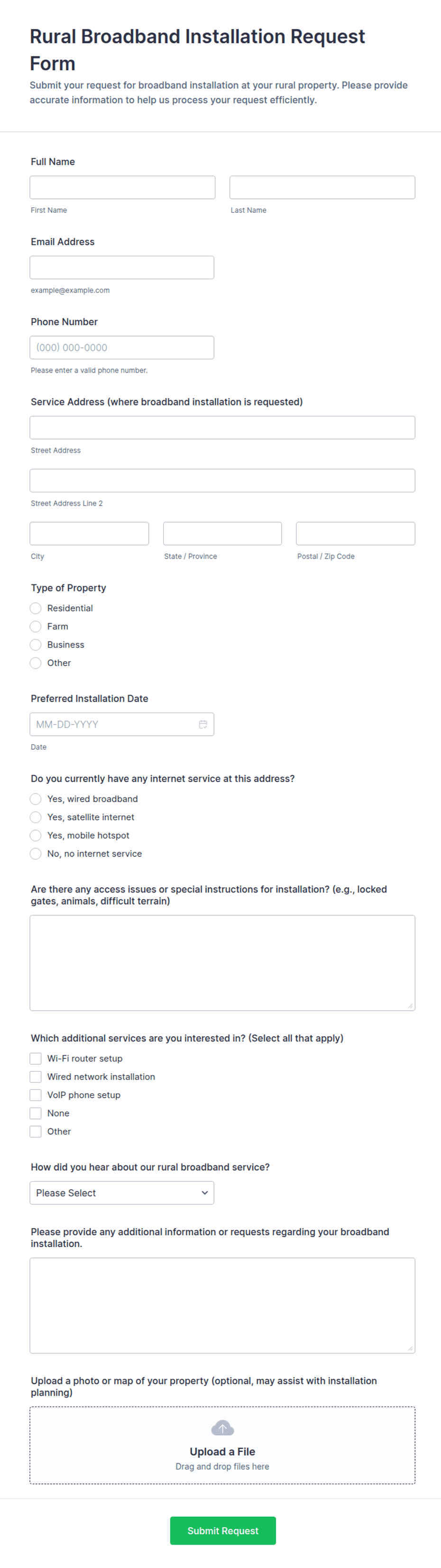 Rural Broadband Installation Request Form Template | Jotform