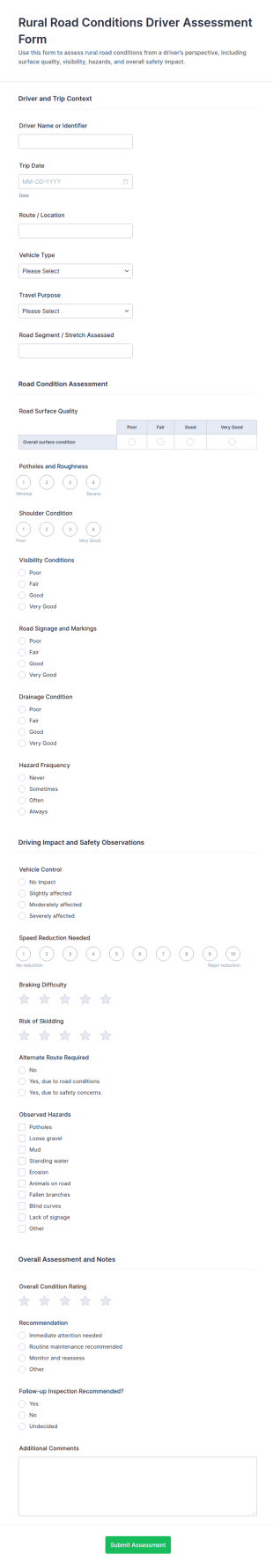Rural Road Conditions Driver Assessment Form Template
