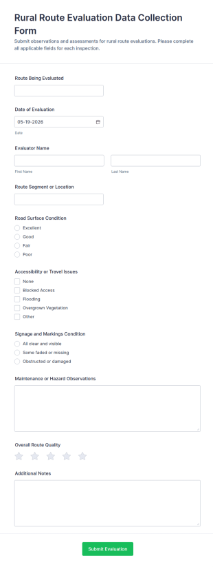 Rural Route Evaluation Data Collection Form Template