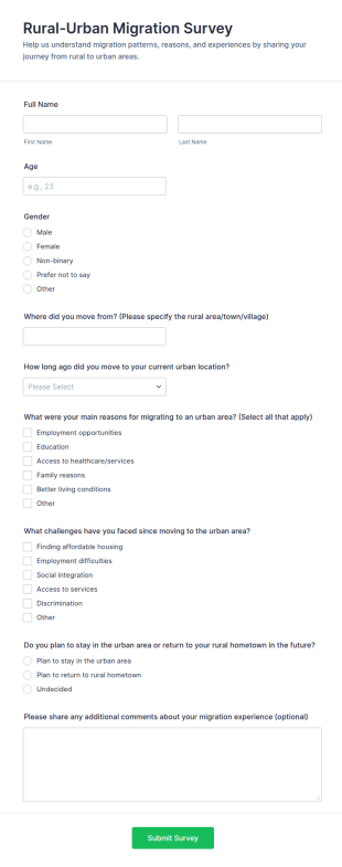 Rural Urban Migration Survey Form Template