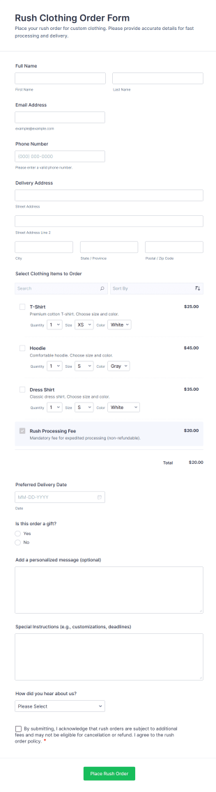 Rush Clothing Order Form Template