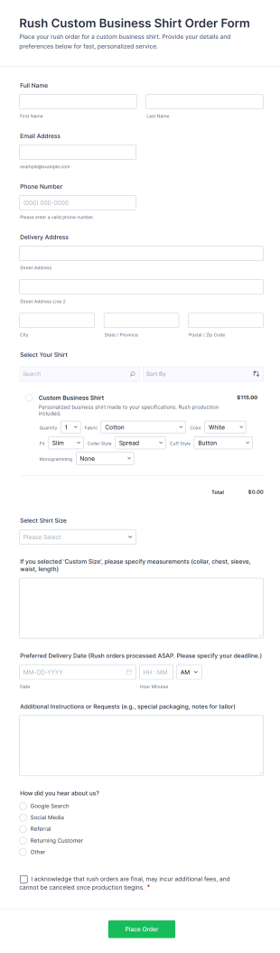 Rush Custom Business Shirt Order Form Template