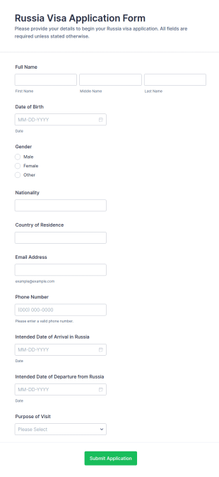 Russia Visa Application Form Template