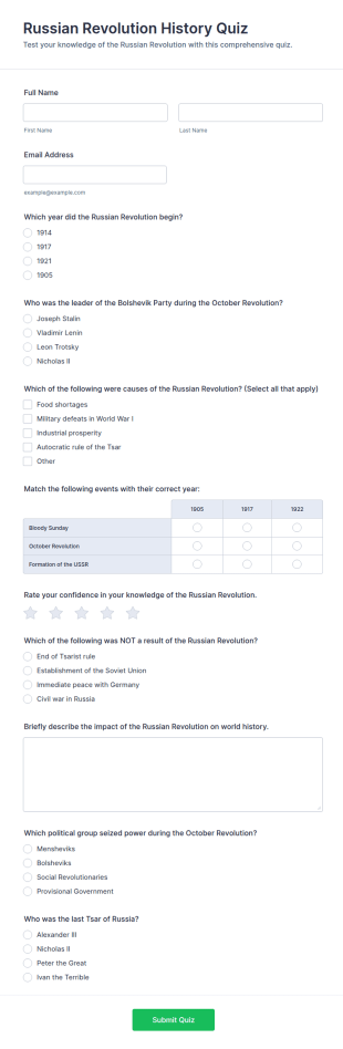 Russian Revolution History Quiz Form Template