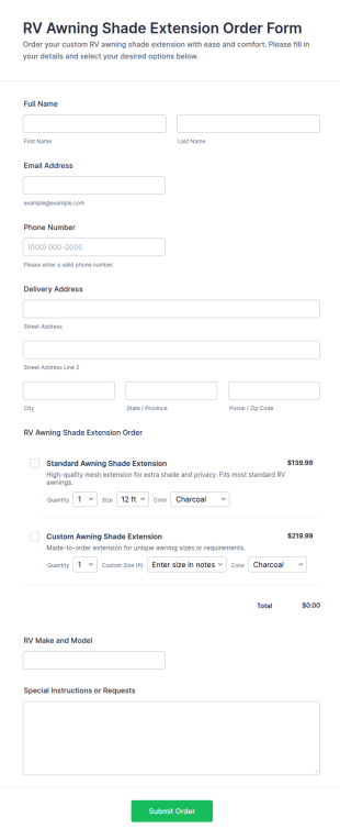 RV Awning Shade Extension Order Form Template