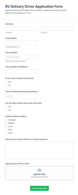 RV Delivery Driver Application Form Template