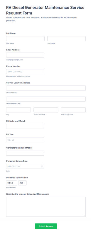 RV Diesel Generator Maintenance Service Request Form Template