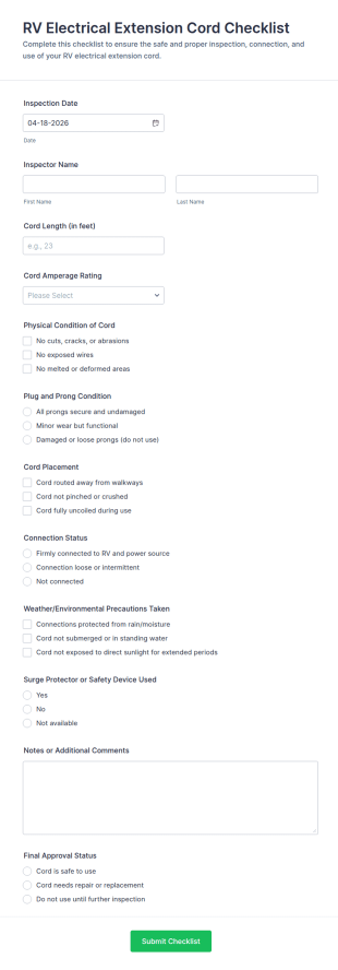 RV Electrical Extension Cord Checklist Form Template