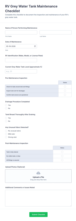 RV Grey Water Tank Maintenance Checklist Form Template