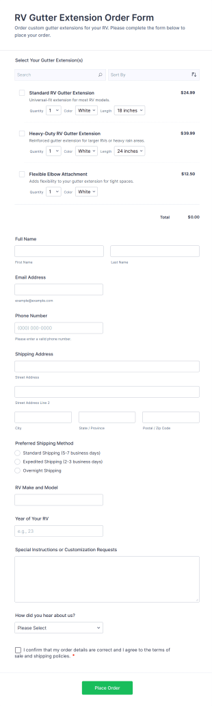 RV Gutter Extension Order Form Template