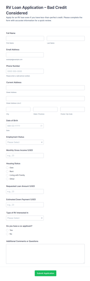 RV Loan Application – Bad Credit Considered Form Template