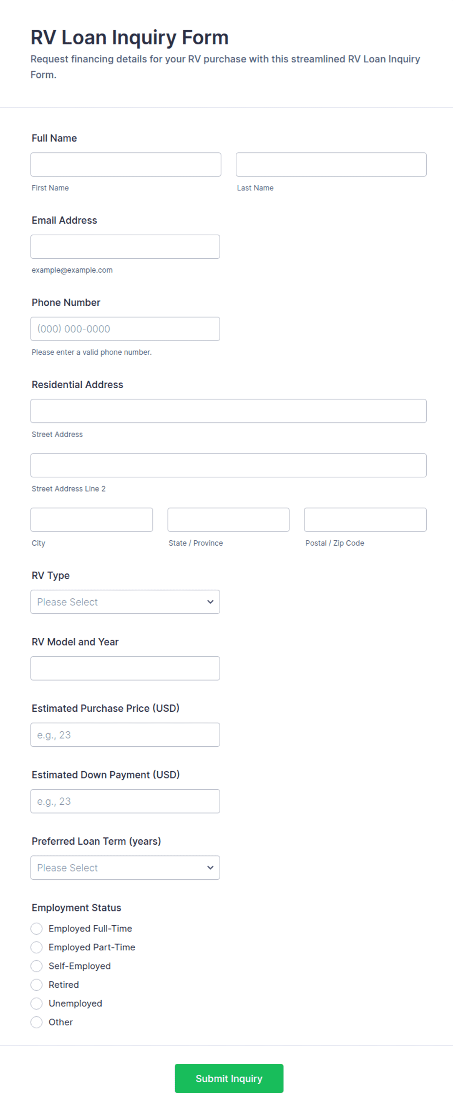 RV Loan Inquiry Form Template | Jotform