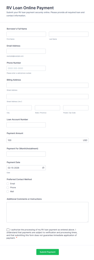 RV Loan Online Payment Form Template