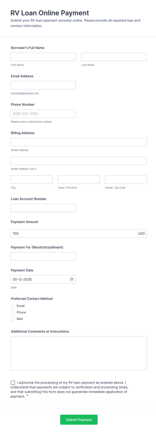 RV Loan Online Payment Form Template
