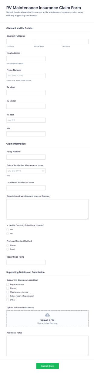 RV Maintenance Insurance Claim Form Template