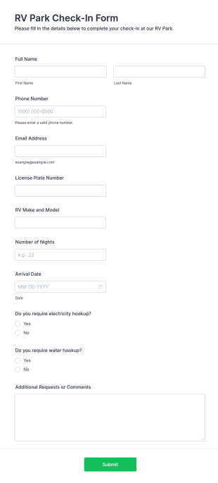 RV Park Check In Form Template