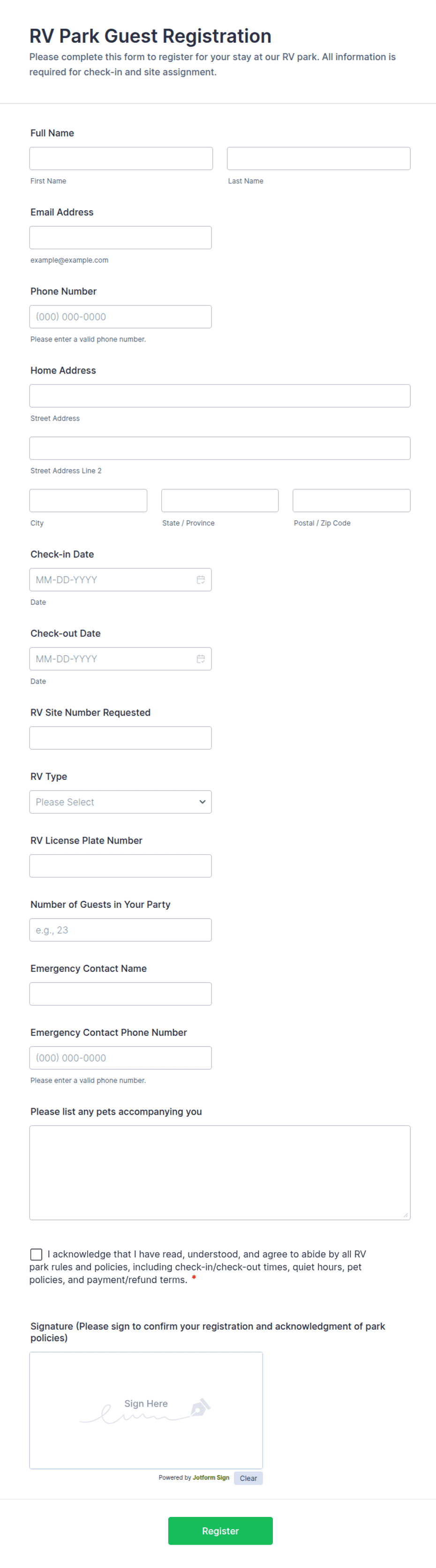 RV Park Guest Registration Form Template | Jotform